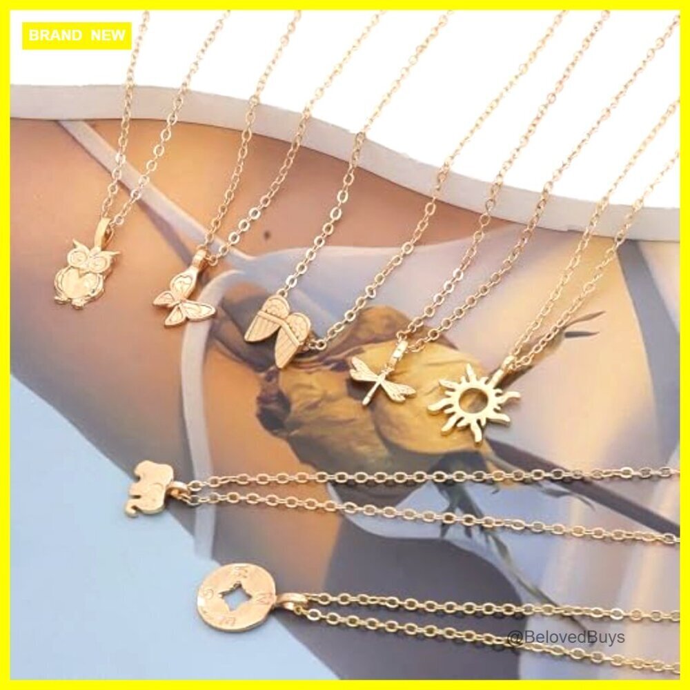 9 Piece Gold Plated Necklace Set with Butterfly Pendant Choker - Picture 2 of 7